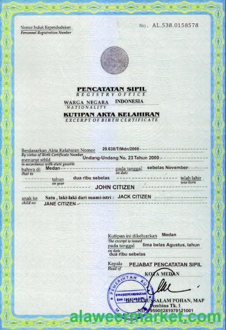 Indonesia birth certificate template in PSD format,